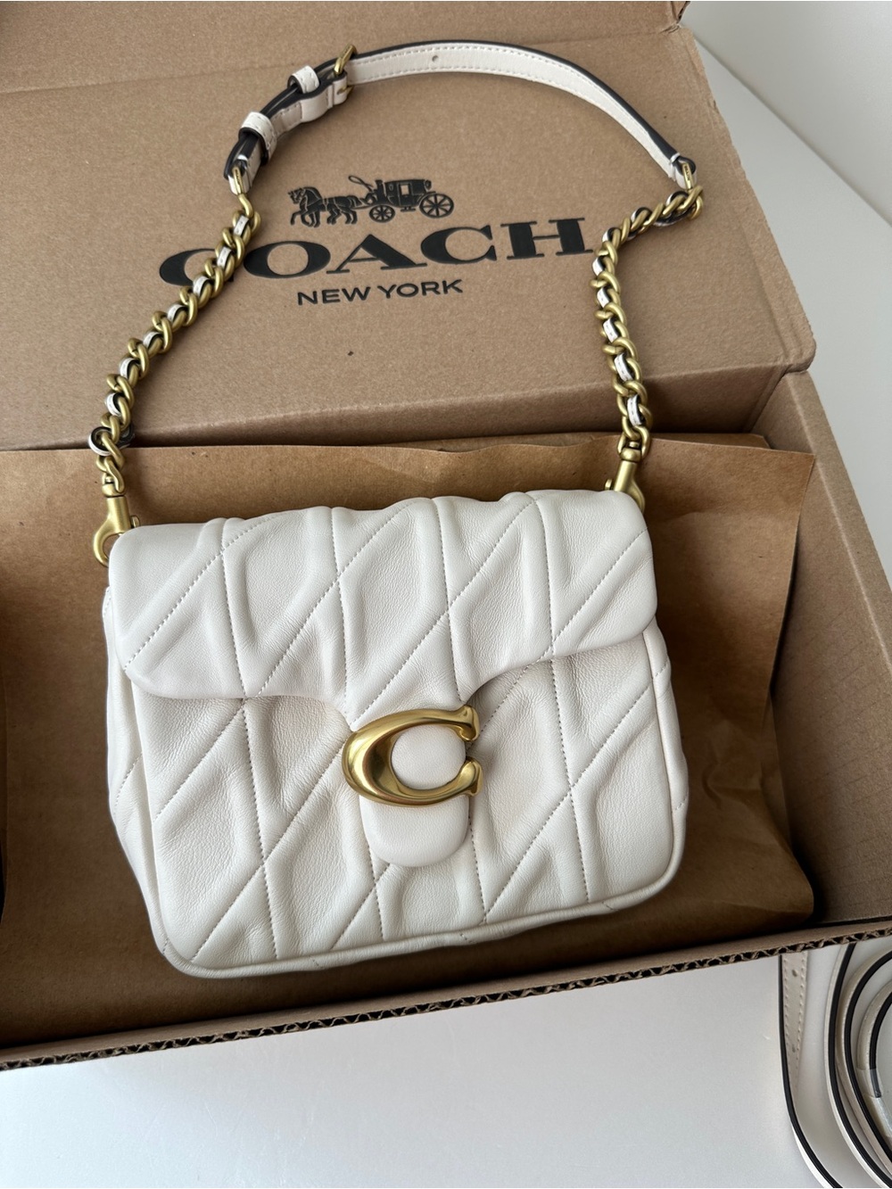 Coach Quilted White Leather Shoulder Bag with Gold Hardware NIB
